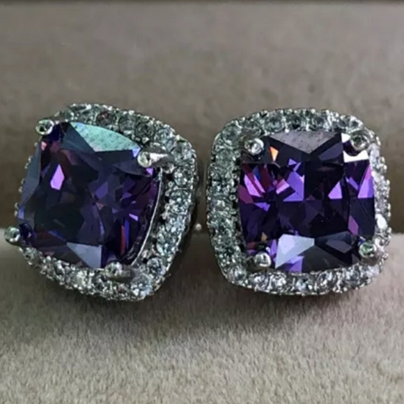 Purple Amethyst Diamond Halo Earrings Ear Ring - Picture 4 of 4